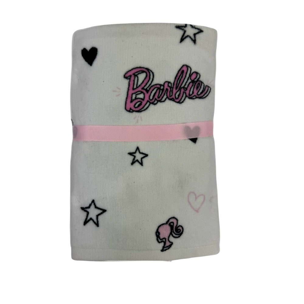 Barbie 2-pack hand towels white w pink Barbie logo, star & heart designs NWT